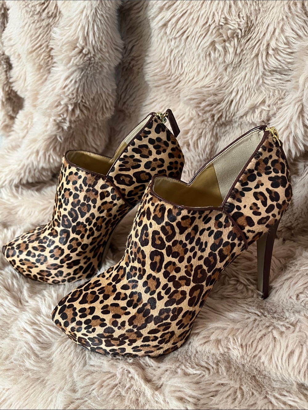 Nine West Leopard Print High Heel Booties in Brown and Black